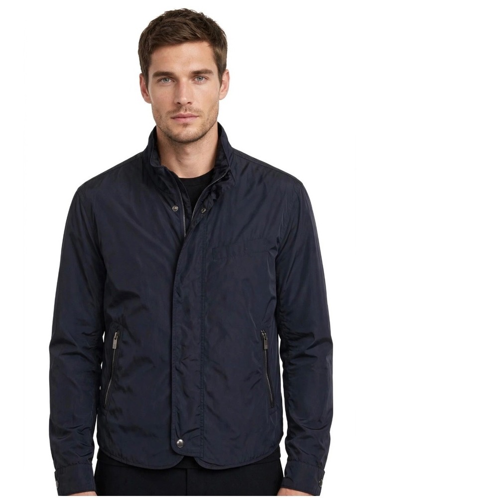 Massimo Dutti Mens Navy Blue Lightweight Full Zip Bomber Jacket Size M Mock Neck